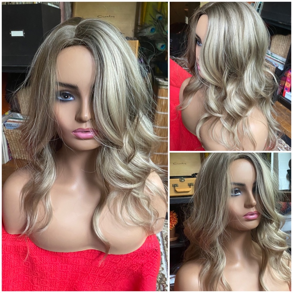 Medium layered ash blonde highlights sexy curled wig